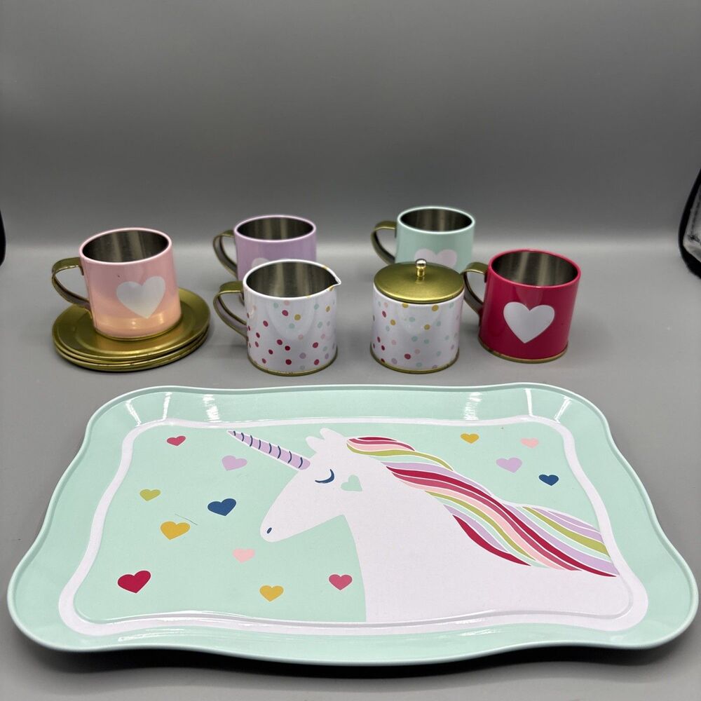 Pottery Barn Kids Play Dish Tin  Set Tray  4 Cups , Sugar and Creamer 4 Saucers